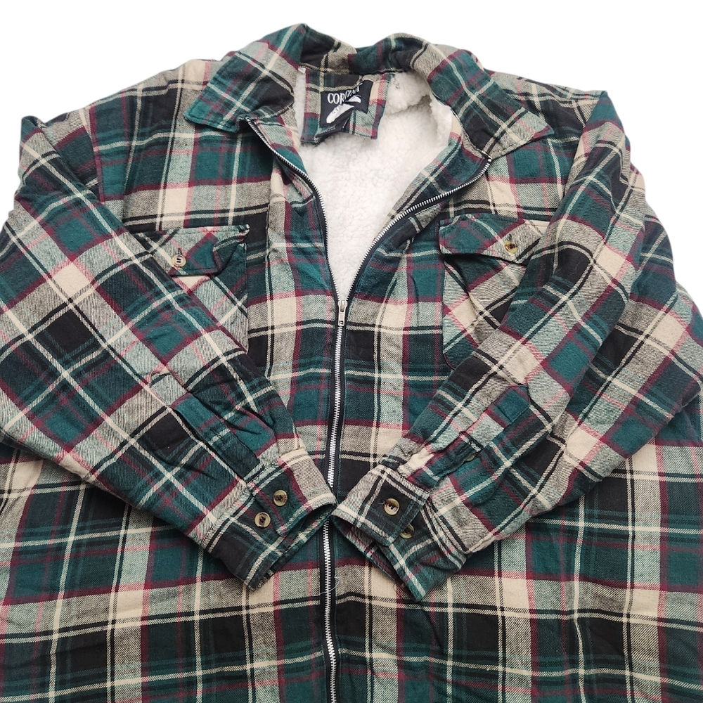 Vintage 80s Cortina Green Plaid Sherpa Lined Warm Lumberjack Jacket Size 3X